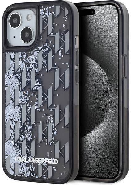 Apple iPhone 14 Uyumlu Kılıf Orjinal Lisanslı Simli Kl Yazılı Monogram Gradıent Kapak Siyah