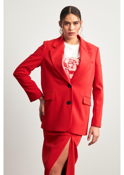 Kırmızı Tek Düğme ve Cep Detaylı Ceket fırsatları