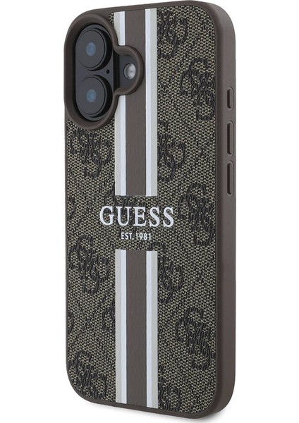 iPhone 16 Kılıf Guess Orjinal Lisanslı Magsafe Şarj Özellikli 4g Şerit Tasarımlı Printed Kahverengi