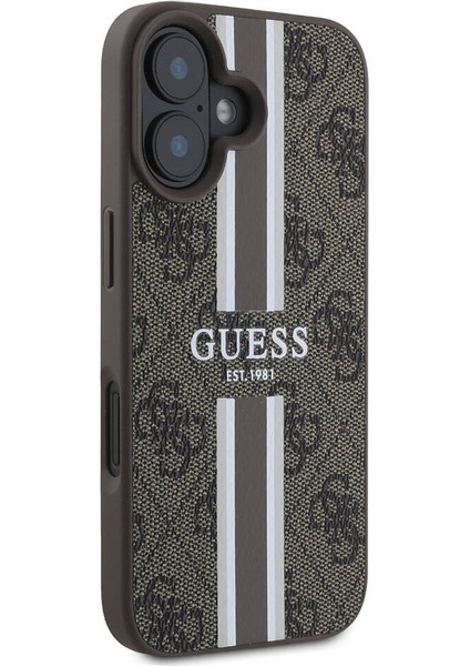 iPhone 16 Kılıf Guess Orjinal Lisanslı Magsafe Şarj Özellikli 4g Şerit Tasarımlı Printed Kahverengi