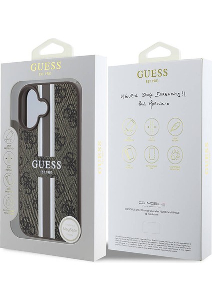 iPhone 16 Kılıf Guess Orjinal Lisanslı Magsafe Şarj Özellikli 4g Şerit Tasarımlı Printed Kahverengi