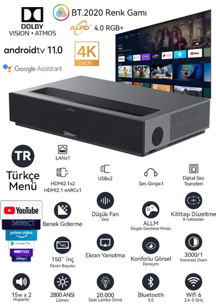 Theater Üç-Renk Lazer 4K Ultra Kısa Mesafe Projeksiyon Cihazı 2800 Iso Lümen Android 11 Lazer Tv Bowers & Wilkins Hoparlör Dolby