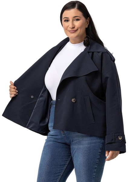 Büyük Beden Mono Yaka Apoletli Cepli Oversize Astarlı Lacivert Kısa Trençkot