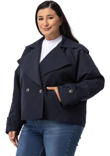 Büyük Beden Mono Yaka Apoletli Cepli Oversize Astarlı Lacivert Kısa Trençkot