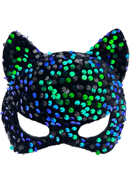 Siyah Kadife Kumaş Üzerine Mavi Yeşil Payetli Pullu Parti Maskesi 16x14 cm (3791) modelleri