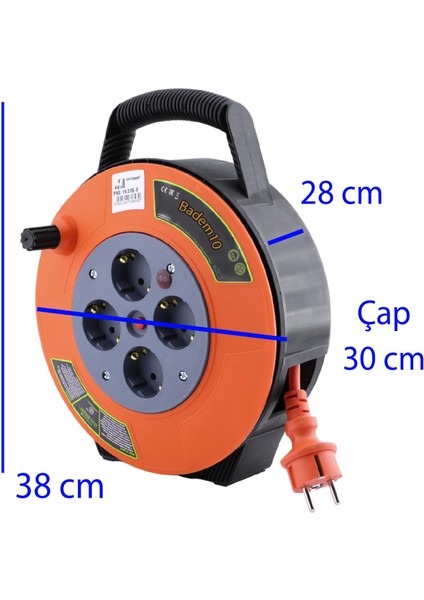 Plastik Mini Kutulu Makaralı Seyyar 3x1.5 mm Cca Monofaze Uzatma Kablosu 4 Priz Ttr Kablo 15 Metre