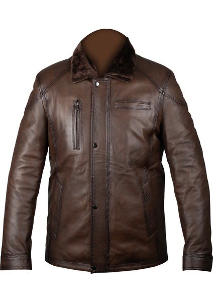 % 100 Kuzu Derisi Içi Kürklü Çıkarılabilir Fındık Kahve Erkek Mont