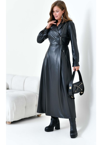 Kadın Deri Elbise Siyah 30930
