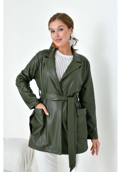 Kadın Deri Ceket Haki 30917 fırsatları