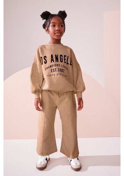 Los Angeles Pantolonlu Kız Çocuk takım - Kahve