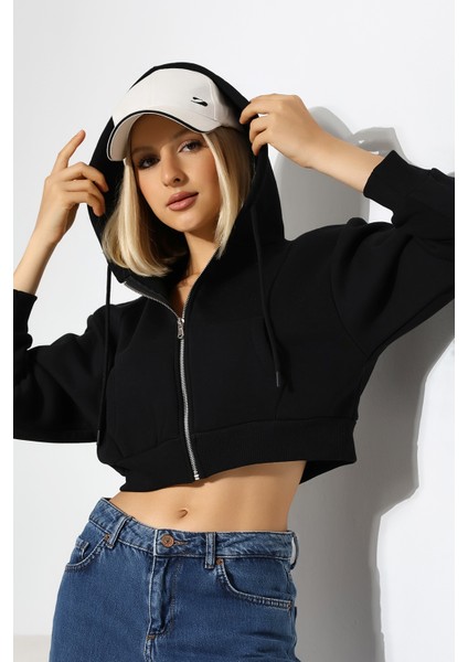 Kapüşonlu Şardonlu Fermuarlı Crop Geniş Kalıp Sweatshirt 21652 Siyah fiyatları