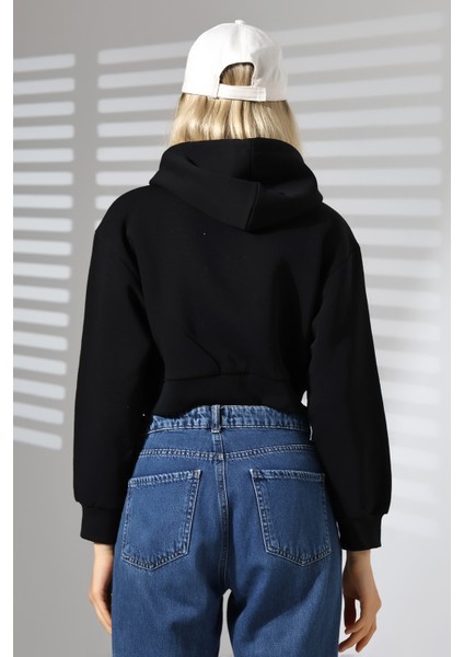 Kapüşonlu Şardonlu Fermuarlı Crop Geniş Kalıp Sweatshirt 21652 Siyah fırsatları