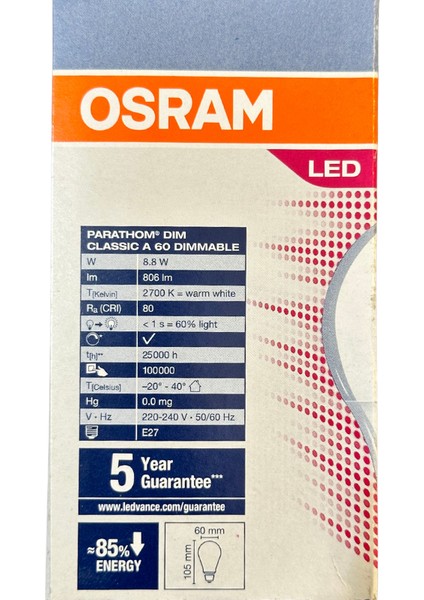 Parathom 8.8W (60W) 2700K (Sarı Işık) E27 Duylu Dim Edilebilir LED Ampul (2 Adet)