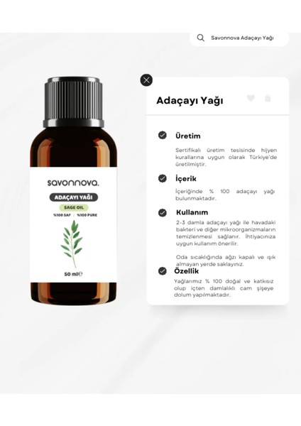 Doğal Adaçayı Yağı Saf 50 Ml