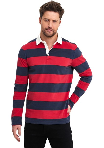Oxford Model Çizgili Polo Yaka Erkek Uzun Kol Sweatshirt fırsatları