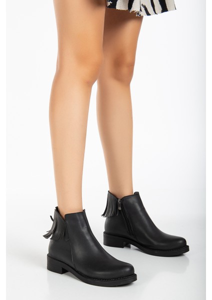 Kadın Siyah Cilt Termo Taban Püskül Detaylı Fermuarlı Kısa Topuklu Bot fiyatları