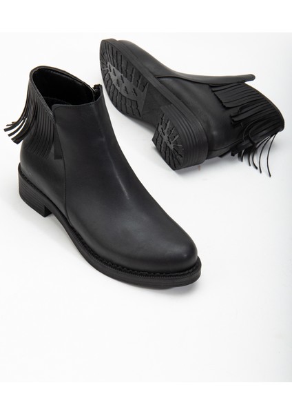 Kadın Siyah Cilt Termo Taban Püskül Detaylı Fermuarlı Kısa Topuklu Bot modelleri