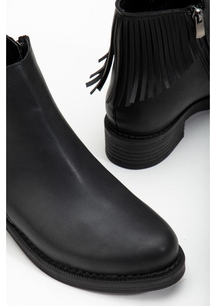 Kadın Siyah Cilt Termo Taban Püskül Detaylı Fermuarlı Kısa Topuklu Bot fırsatları