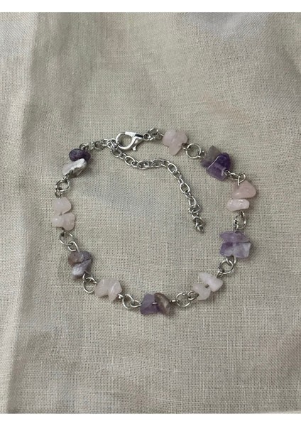 Pembe Kuvars ve Ametist Doğal Taş Bileklik, Gümüş Renk, Zarif ve Şık Tasarım modelleri