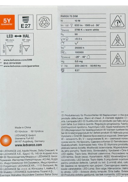Ledvance 10W (75W) 2700K (Sarı Işık) PAR30 E27 Duylu Dim Edilebilir LED Spot (2 Adet)