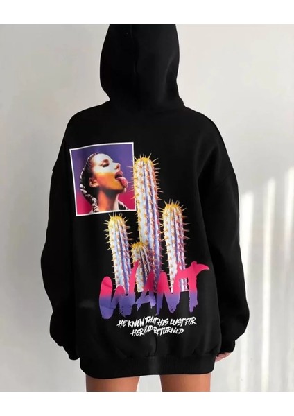 Baskılı Üç Iplik Kapüşonlu Oversize Sweatshirt Siyah