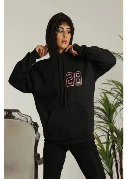 Kapşonlu Baskılı Sweetshirt Siyah