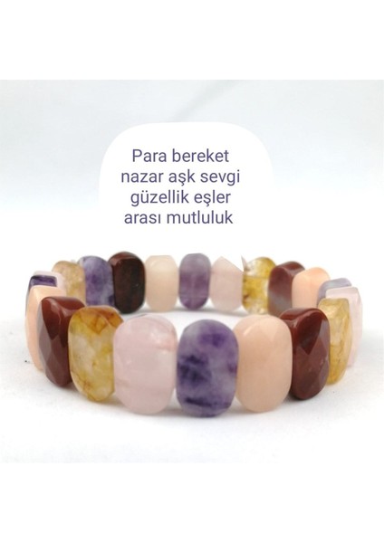 Doğal Taş Bileklik, Güneş Taşı, Sitrin, Ametist, Pembe Kuvars, Akik Renkli Tasarım