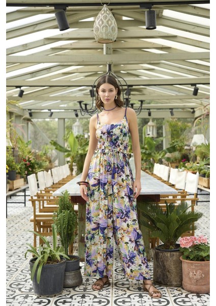 Kadın Çiçek ve Yaprak Desenli Ip Askılı Tulum 24012