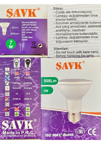 7W 3000K (Sarı Işık) PAR20 E27 Duylu LED Spot Ampul (4 Adet)