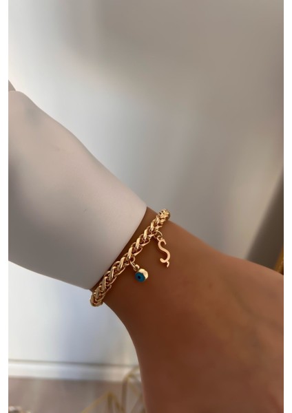 Kişiye Özel Kalın Zincirli Ş Harfli ve Nazar Boncuklu Bileklik, Altın Kaplama
