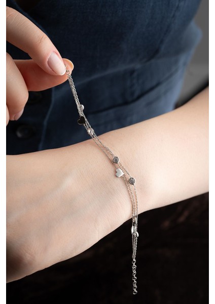 925 Ayar Gümüş Kalp Zincir Bileklik, Zirkon Taşlı, Beyaz Renk