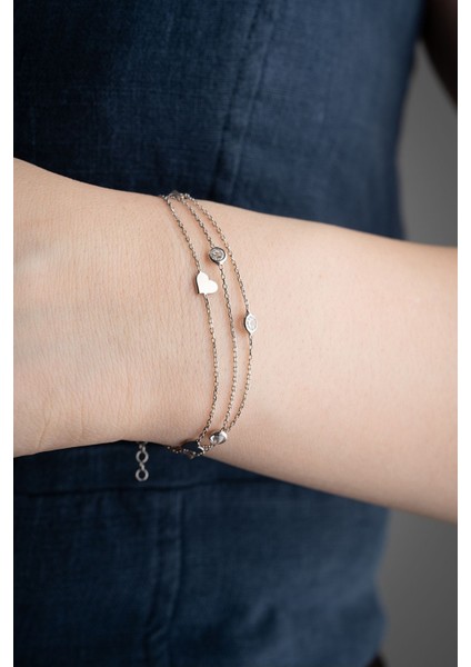 925 Ayar Gümüş Kalp Zincir Bileklik, Zirkon Taşlı, Beyaz Renk fiyatları