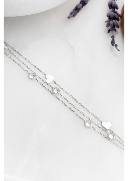 925 Ayar Gümüş Kalp Zincir Bileklik, Zirkon Taşlı, Beyaz Renk modelleri