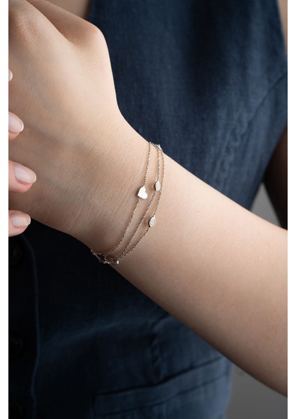 925 Ayar Gümüş Kalp Zincir Bileklik, Zirkon Taşlı, Beyaz Renk fırsatları