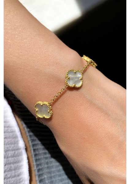 925 Ayar Gold Kaplamalı Sedef Taşlı Yonca Gümüş Bileklik