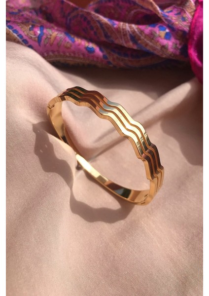 3 Şerit Dalgalı Çelik Kelepçe, Zirkon Taş, Altın Renk, Şık ve Zarif Tasarım fiyatları