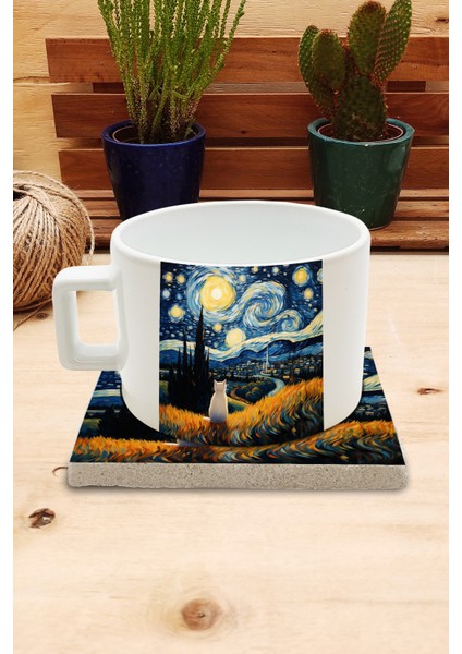Kediler ve Sanat/van Gogh Yıldızlı Gece The Starry Night Set 4 - Fincan Kupa-Taş Bardak Altlığı 2