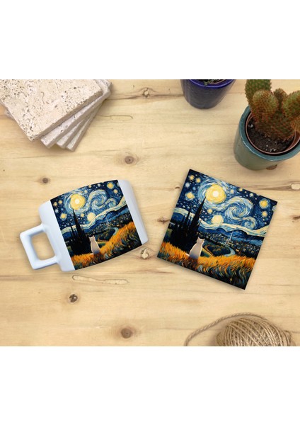 Kediler ve Sanat/van Gogh Yıldızlı Gece The Starry Night Set 4 - Fincan Kupa-Taş Bardak Altlığı 2 fiyatları