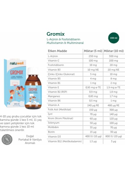 Gromix L-Arjinin Fosfotidilserin Multivitamin Şurup 150ML 2 Li Paket