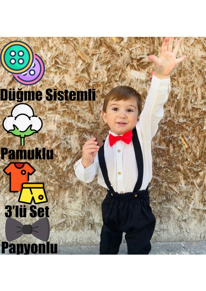 Ares Kids Fashion Siyah Salopet Uzun Beyaz Gömlek Uzun Kol Kırmızı Papyon 3'lü Set  Erkek Çocuk ve Bebek Giyim Hediyelik