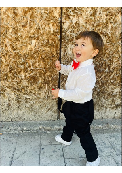 Ares Kids Fashion Siyah Salopet Uzun Beyaz Gömlek Uzun Kol Kırmızı Papyon 3'lü Set  Erkek Çocuk ve Bebek Giyim Hediyelik