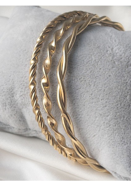 Altın Kaplama 3'lü Çelik Bilezik Seti (20cm-6,5cm), Şık ve Dayanıklı Tasarım