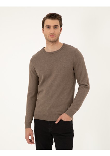 Erkek Vizon Melanj Slim Fit Bisiklet Yaka Basic Triko Kazak 50296575-VR174