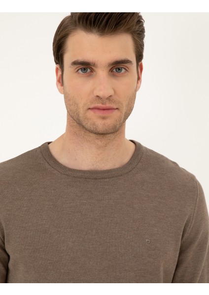 Erkek Vizon Melanj Slim Fit Bisiklet Yaka Basic Triko Kazak 50296575-VR174 fiyatları