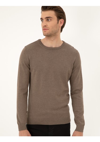 Erkek Vizon Melanj Slim Fit Bisiklet Yaka Basic Triko Kazak 50296575-VR174 modelleri