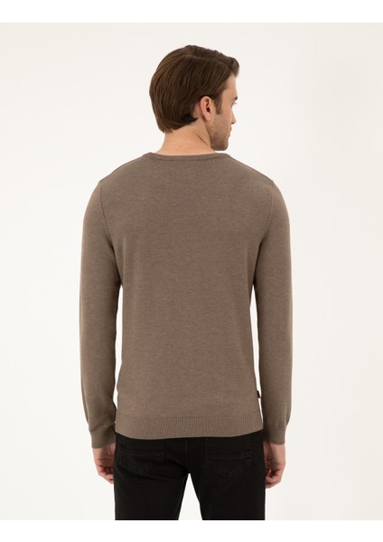 Erkek Vizon Melanj Slim Fit Bisiklet Yaka Basic Triko Kazak 50296575-VR174 indirimleri