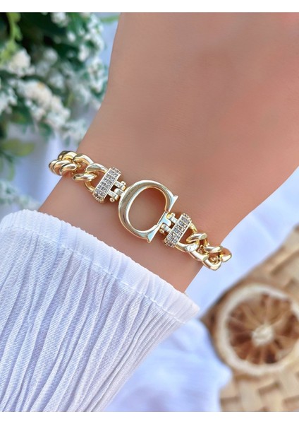 Harfli Zincir Bileklik, Pirinç, Altın Renk, Şık ve Zarif Takı