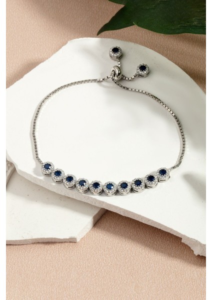 Mavi taşlı asansörlü gümüş bileklik, 925 ayar, zirkon detaylı, şık ve zarif tasarım