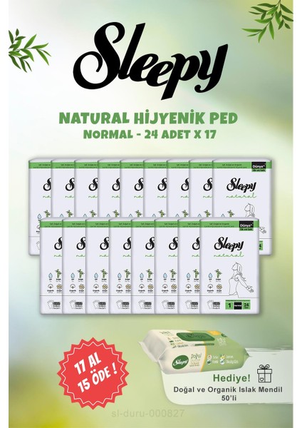 Natural Hijyenik Ped Normal 24 Adet 17 Al 15 Öde ve Doğal Islak Mendil 50 Li
