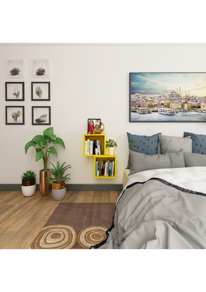 Kitaplık Kare Duvar Rafı 2 Li Takım Sarı